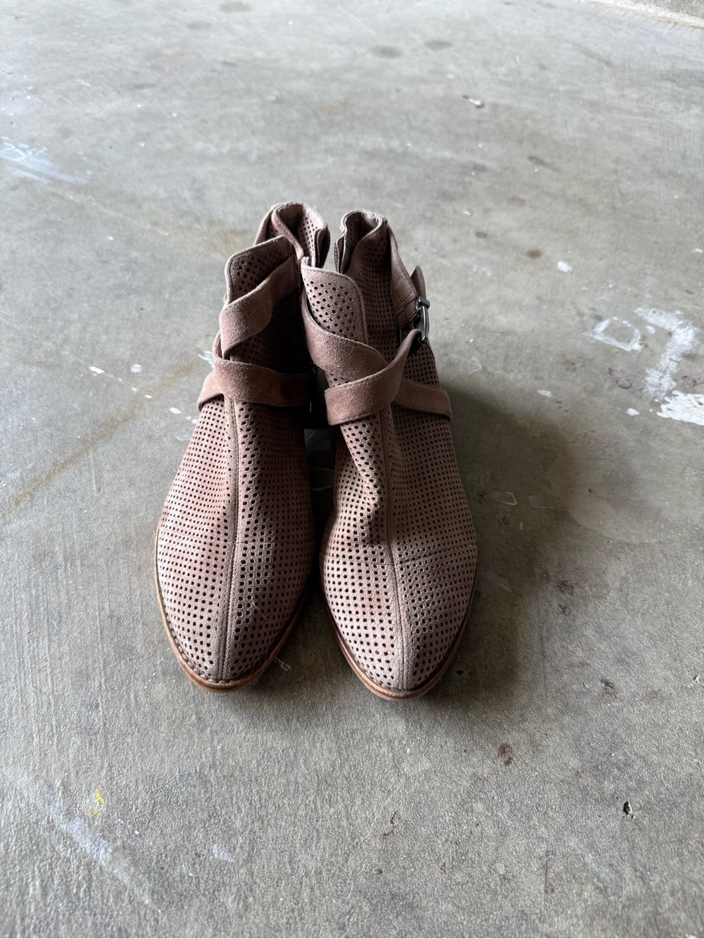 Perforated Vince Camuto Suede Wedge Booties in Taupe